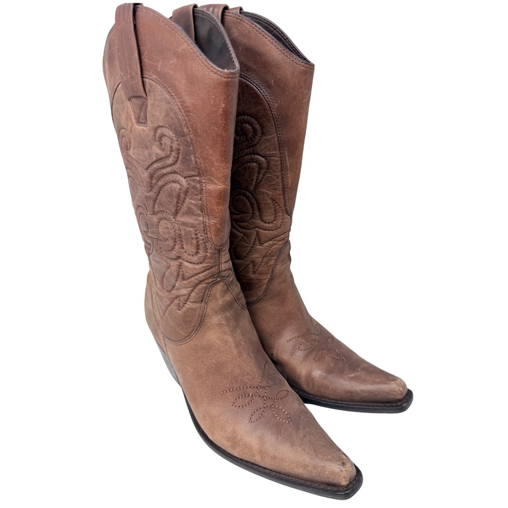 High Noon Brown Leather Western Cowboy Boots Pointed Toe Embroidered Brazil 8.5M